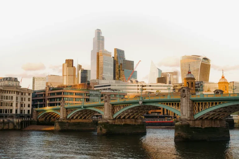 London skyline with a bridge and the river at sunset