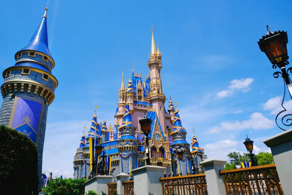 Fairytale castle at a theme park under a blue sky