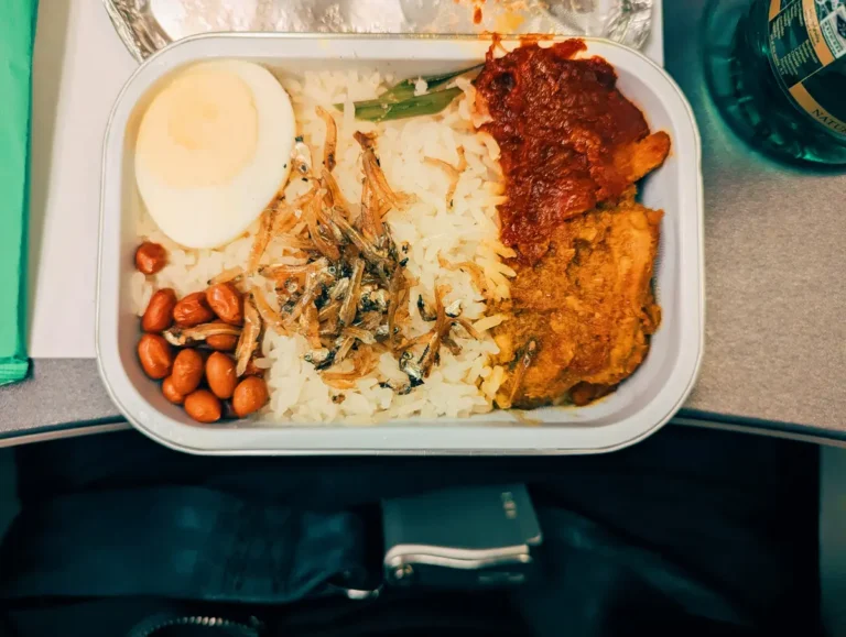 In-flight meal tray with rice and chicken