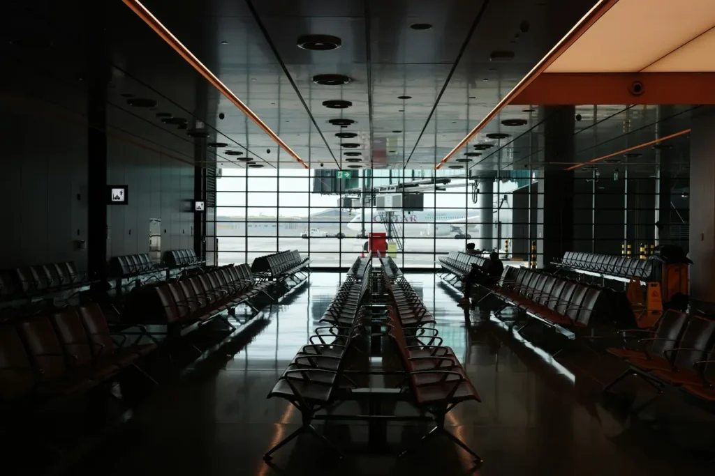 Modern airport lounge with rows of seats