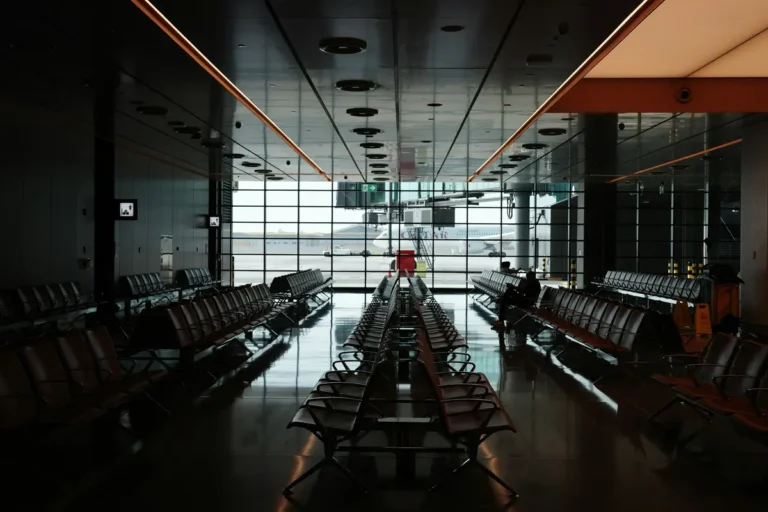Modern airport lounge with rows of seats
