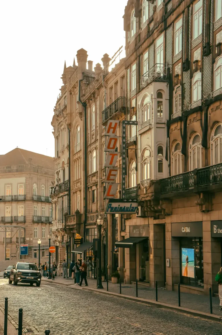 Cobblestone street with historic European buildings