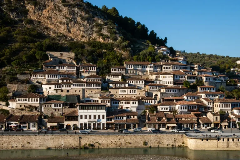 White Ottoman houses on the hillside in Berat, Albania