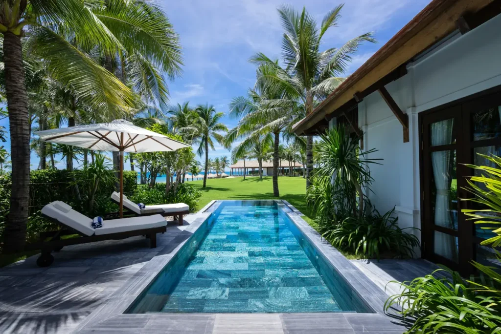 Villa with a long private pool and sun loungers