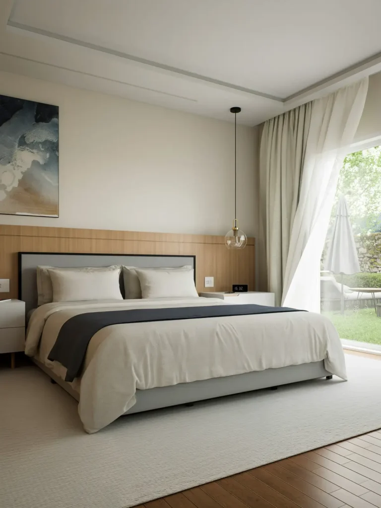 Bright hotel bedroom with a large bed and a view of a green garden