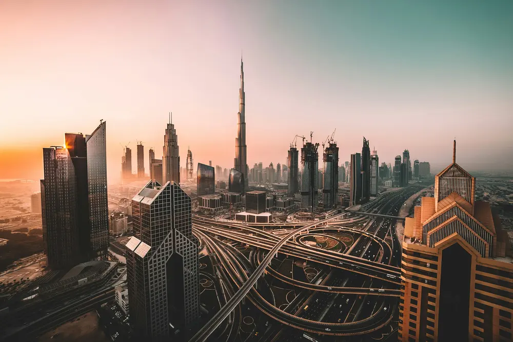 Burj Khalifa and the Dubai skyline at sunrise
